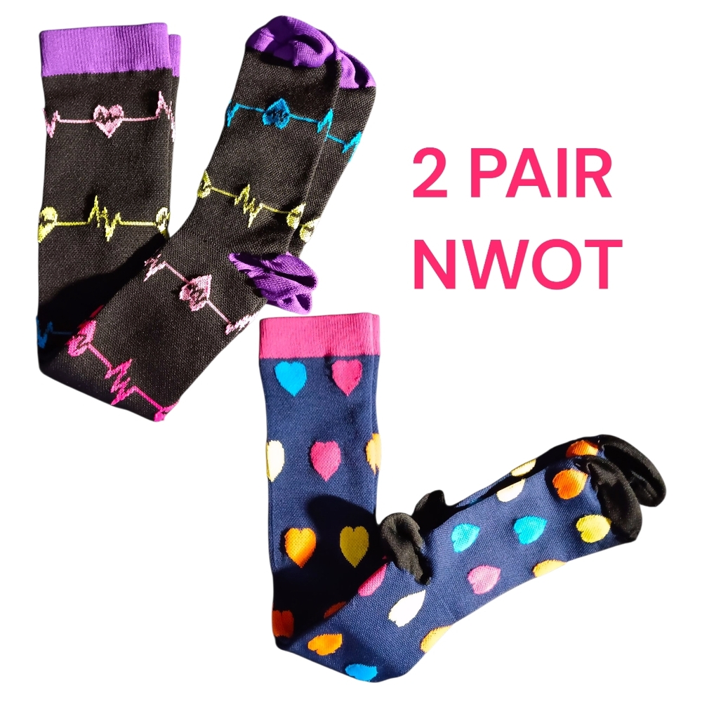 Colorful Heart and Pulse Patterned Compression Socks - 2 Pair Set Size Small